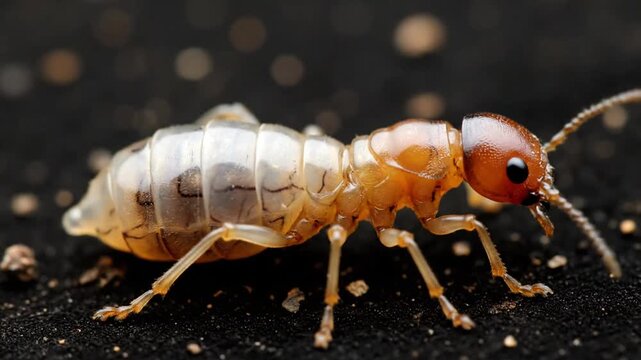 Detailed Macro Close-up of a Termite on a Dark Textured Surface with Focused Details of its Anatomy Translucent Body Segments and Head Shape Insect Wildlife Observation