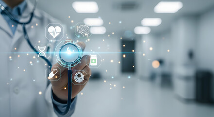 Doctor holding digital stethoscope with futuristic healthcare icons, symbolizing medical technology, telemedicine, and health innovation.
