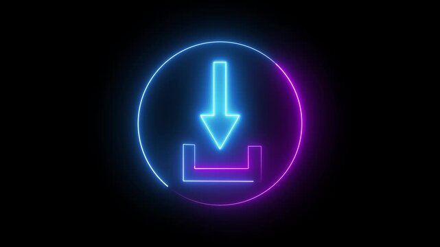 Futuristic dual-color neon download icon with circular outline on dark background highlighting ongoing file transfer. Dual Tone Neon Download Icon with Circular Outline on Black Background blue.