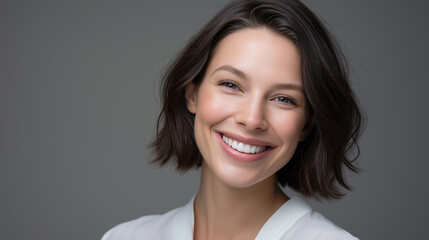 Portrait of a cheerful young woman with short dark hair smiling confidently against a neutral gray background. Natural beauty, positive energy, and friendly personality in a minimalist studio setting.
