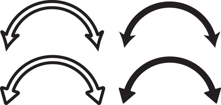 dual sided curve arrow icon set. Double headed curved arrow symbol. Semicircular curved.  Dual arrow sign. Dual sided arrow vector, icon,  long double ended arrow. Dual semi circle arrow set