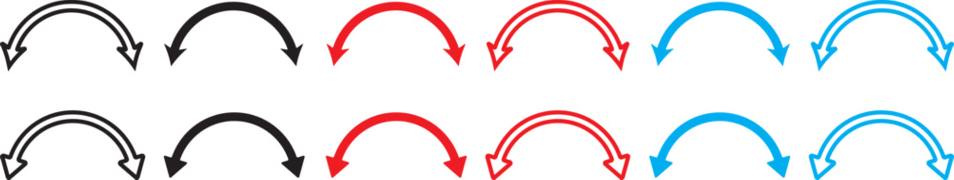 dual sided curve arrow icon set. Double headed curved arrow symbol. Semicircular curved.  Dual arrow sign. Dual sided arrow vector, icon,  long double ended arrow. Dual semi circle arrow set