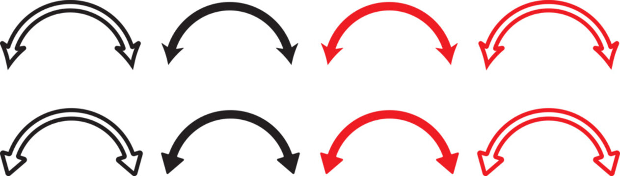 dual sided curve arrow icon set. Double headed curved arrow symbol. Semicircular curved.  Dual arrow sign. Dual sided arrow vector, icon,  long double ended arrow. Dual semi circle arrow set