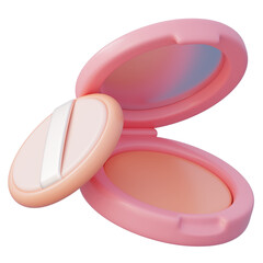 Pink makeup compact with powder applicator open to reveal mirror