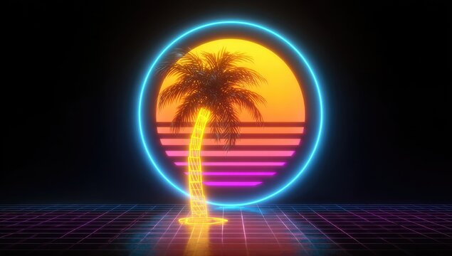 Neon palm tree sits within a glowing circle at sunset. - Powered by Adobe