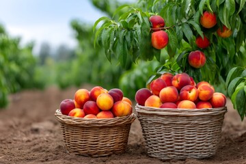 Baskets of ripe peaches ready for harvest in orchard