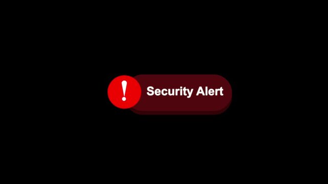 Red Exclamation Mark Alert Icon Next to Security Button on Black Background warning. Red warning icon by security button over dark black backdrop for alert notification.