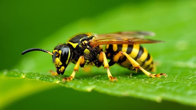 European Paper Wasp on Green Leaf Close Up Shot Detailed Yellow Black Markings Tiny Legs Transparent Wings Antenna on Leaf Texture Surface Bright Daylight Wildlife Macro