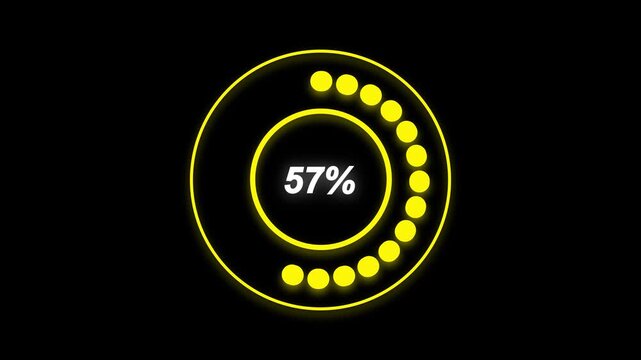 Yellow Neon Circular Progress Bar Showing 100% Percent Complete loading percentage. Circular yellow neon progress bar fully filled highlighting total completion and loading status.