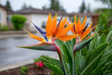 Strelitzia reginae flowers blooming with vibrant orange and blue petals