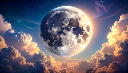 A dreamlike celestial scene showing a giant, glowing moon with city lights nestled above a dramatic and ethereal cloudscape