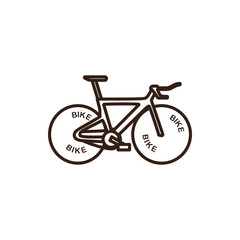 Fototapeta premium line art of road bicycle with a pink frame, dark brown handlebars, seat, and pedals. It has yellow wheels with the word 