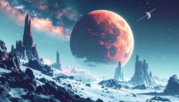 Surreal cosmic scenery on a desolate ice planet with colossal geological structures and a giant red planet in a nebula sky