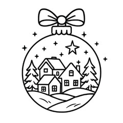 Black and white Christmas ornament illustration featuring houses, trees, and stars inside a snow globe.