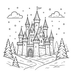 Obraz premium Detailed line art of a fairytale castle in a snowy landscape with trees and clouds.