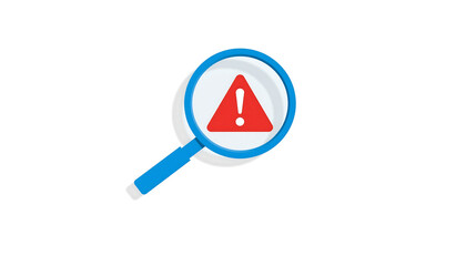 Vector illustration of magnifier with attention sign. Icon of threat found. Symbol of notification of detected error. Sign of search, monitoring error.
