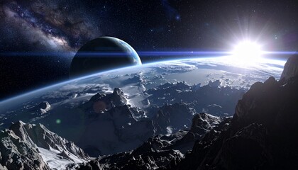 A breathtaking view of a distant planet's icy surface with a sun rising over its curved horizon, casting light on a smaller moon in the background.