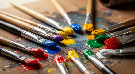Obraz premium Close-up of numerous paintbrushes with vibrant colorful paints on their tips, arranged in a circle on a textured wooden palette.