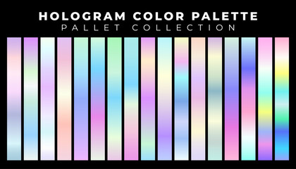 A large collection of vibrant holographic gradient swatches and iridescent color palettes for modern vector design projects