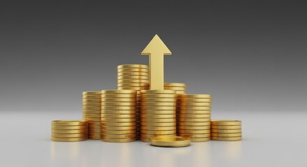 Golden coin stacks rising, topped by upward-pointing golden arrow