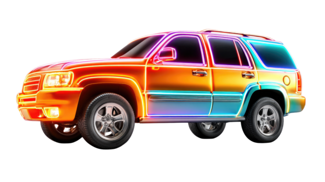 Automobile Color Spectrum: A bold, vibrant SUV showcases a captivating spectrum of colors, transitioning seamlessly across its exterior, symbolizing innovation and dynamic design.