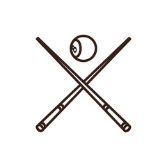 line art of of two crossed billiard cues and an 8-ball on a white background. The cues are brown with lighter brown tips and dark brown handles, Centered above their intersection is a black 8-ball