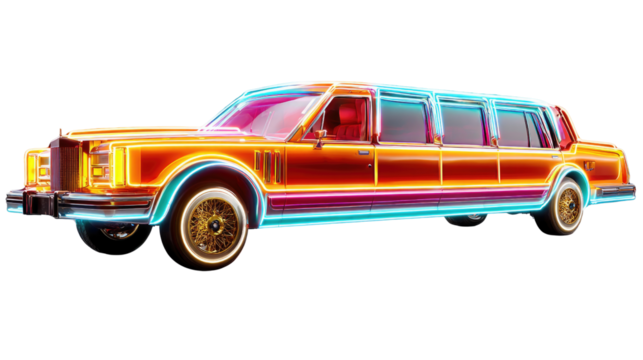 Luxury Ride: A radiant limousine, illuminated by vibrant neon lights, exudes an air of opulence and glamour, promising an unforgettable journey.