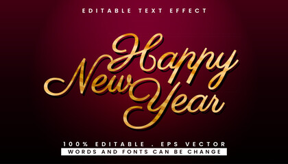 Elegant Happy New Year greeting in a golden cursive script. Editable 3D text effect vector template for holiday celebration design