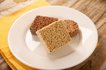 Alegrias. Healthy snack.Typical Mexican candy made from amaranth and honey or sugar, it is molded into various shapes, such as bars or sugar skulls. This is the most common way to consume amaranth.
