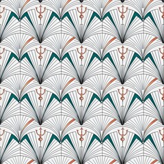 Art Deco seamless pattern with geometric fan and trident motifs.