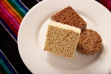 Alegrias. Healthy snack.Typical Mexican candy made from amaranth and honey or sugar, it is molded into various shapes, such as bars or sugar skulls. This is the most common way to consume amaranth.