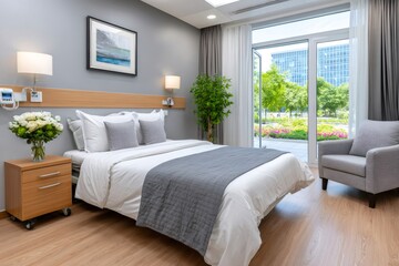 Modern hospital room facility providing patient recovery and healing