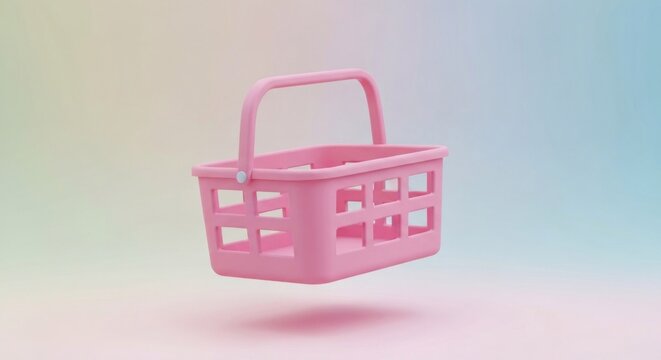 Pink shopping basket with handle, levitating in a soft gradient background