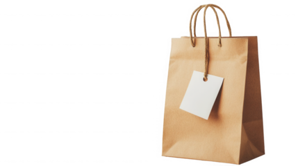 Simple brown paper shopping bag with blank white tag against black backdrop on transparent background