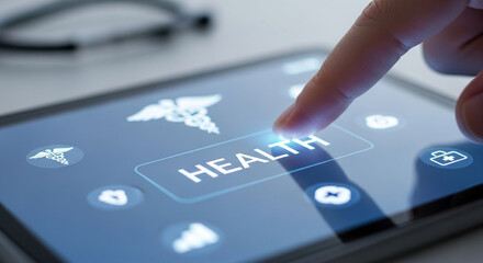 A finger presses the word "HEALTH" on a digital tablet screen displaying medical icons.