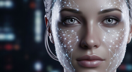 Close-up of a woman's face with a digital interface overlay, futuristic and technological.