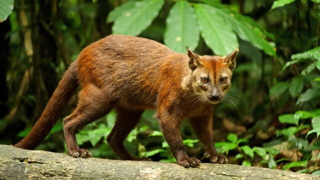 Low Angle Shot of a Brown and Gray Cuscus Walking on a Mossy Log in Rainforest Setting with Bright Green Foliage Seamless Looping Animation for Wildlife and Conservation Promotion