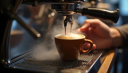 Barista making espresso coffee with steam rising from the cup