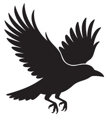 Raven silhouette in flight vector illustration of a black bird isolated on white background
