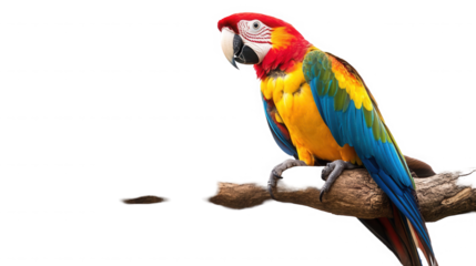 Colorful macaw parrot perched on a branch against a stark on transparent background