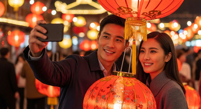Couple taking selfie with lanterns during Chinese New Year celebration.