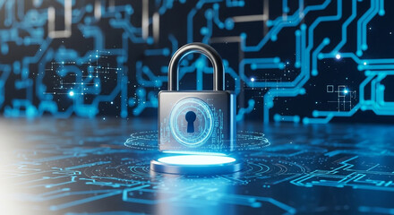 A digital padlock with glowing blue circuits representing cybersecurity and data protection concept