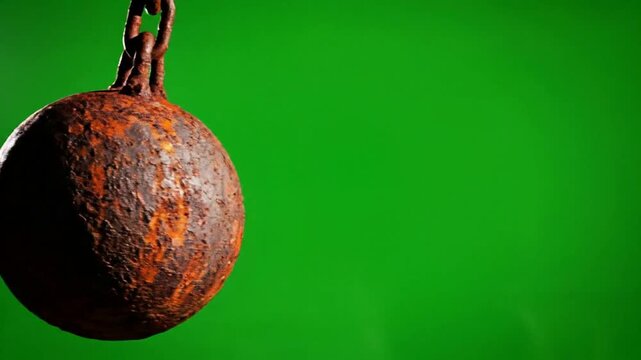 Heavy rusty wrecking ball hanging from a chain isolated on a green screen background for chroma key compositing symbolizing strength demolition and power