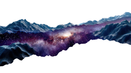 Celestial River: A breathtaking cosmic river flows between majestic mountain ranges, stars twinkling like diamonds against a canvas of deep space.