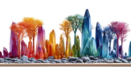 Crystalline Garden: A vibrant array of colorful crystal formations with trees, offering a mesmerizing display of nature's beauty and geological wonder.