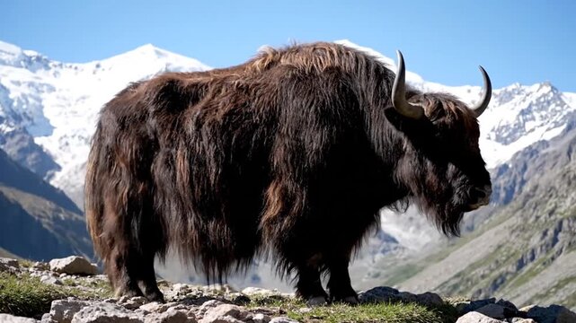 Majestic Yak Portrait in High Altitude Mountain Meadow against a Snowy Peak on a Clear Day in Hunza Valley North Pakistan as a Symbol of Strength and Resilience in Nature