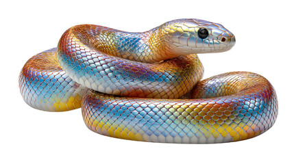 Obraz premium Rainbow Snake Coiled: A captivating rainbow snake, its scales shimmering with an array of vibrant colors, gracefully coiled, inviting admiration with its unique beauty.