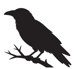 Silhouette of a raven perched on a branch vector illustration for Halloween isolated on white background