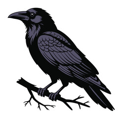 Raven illustration perched on a branch vector design element for mythology and Halloween concepts