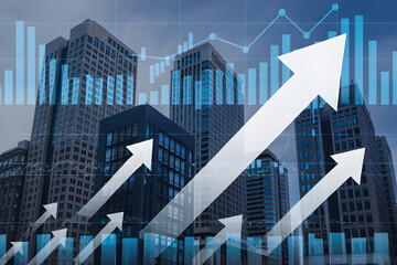 Urban Cityscape with Financial Graphs and Upward Arrows – Business Growth and Economic Progress Concept
